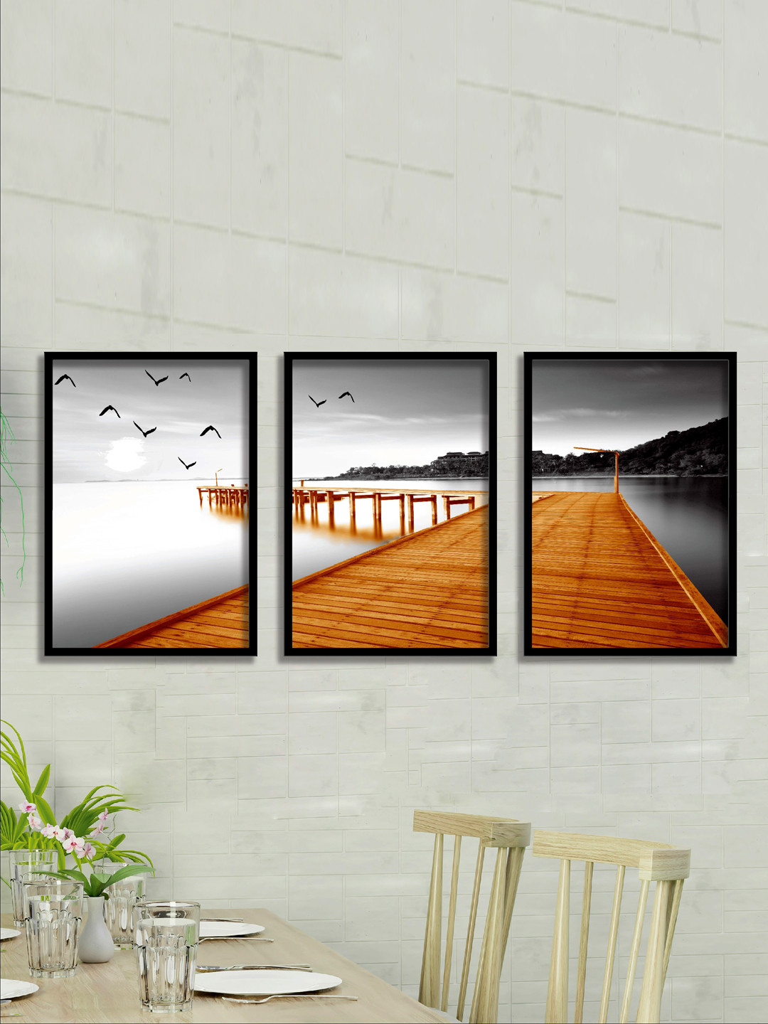 SAF 3 Piece Water Bridge And Birds Printed Rectangle Paintings Wall Art- 31.5x13.5In