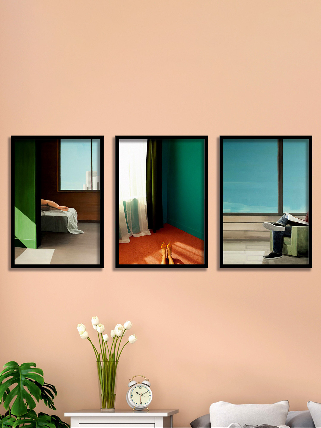 SAF Green & Blue 3 Pieces Abstract Painting Waterproof Wall Arts