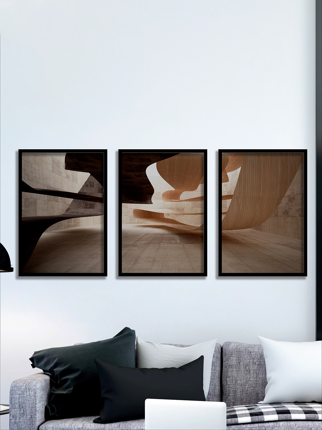 SAF Beige & Black 3 Pieces Abstract Painting Waterproof Wall Arts
