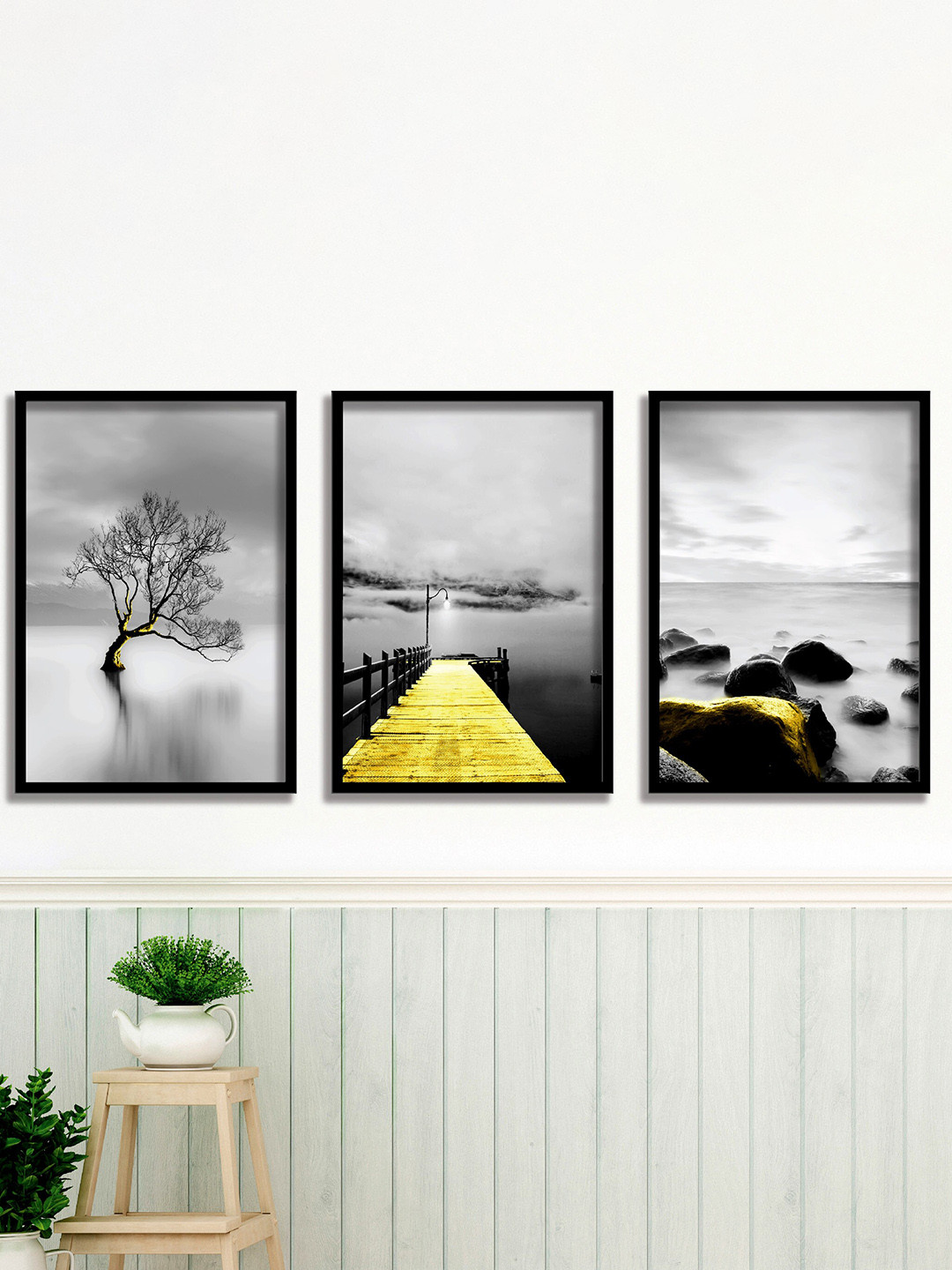 SAF Grey Paper 3 Pcs Wall Living Room Rectangle Potrait Paintings Wall Art -31.5 x 13.5In