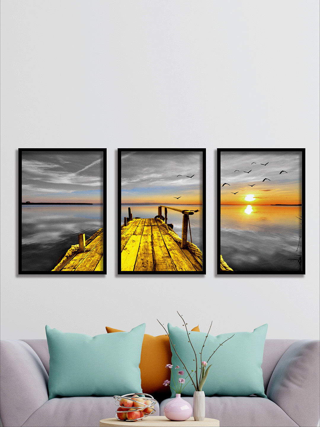 SAF Grey & Yellow 3 Pieces Water Bridge & Sun Painting Waterproof Wall Arts