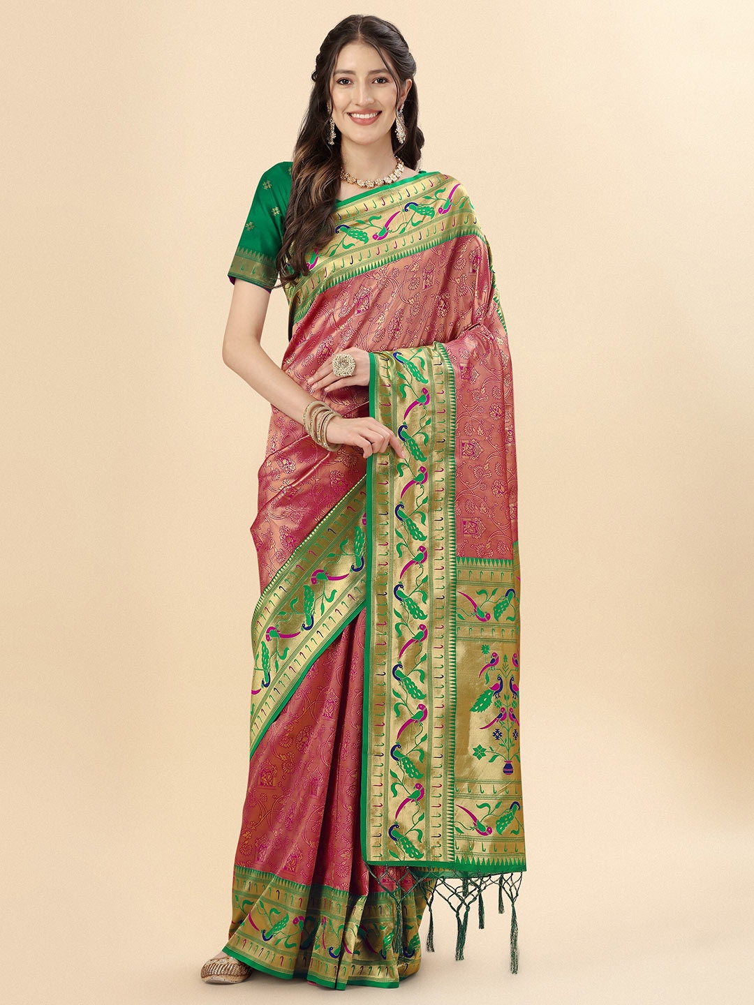 Buy Mitera Purple Green Floral Woven Design Zari Pure Silk Paithani Saree Sarees for Women 22983458 Myntra