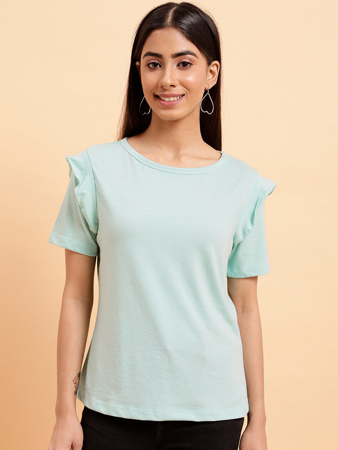 MINT STREET Round Neck Ruffles Pure Cotton Top