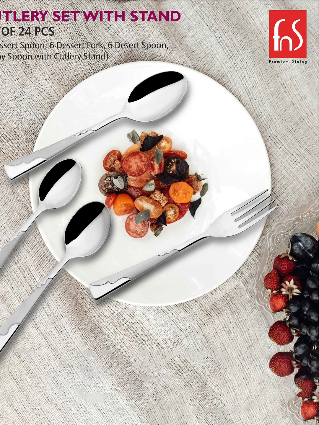 FNS Creta Silver Toned 25 Pieces Stainless Steel  Cutlery Set With Stand