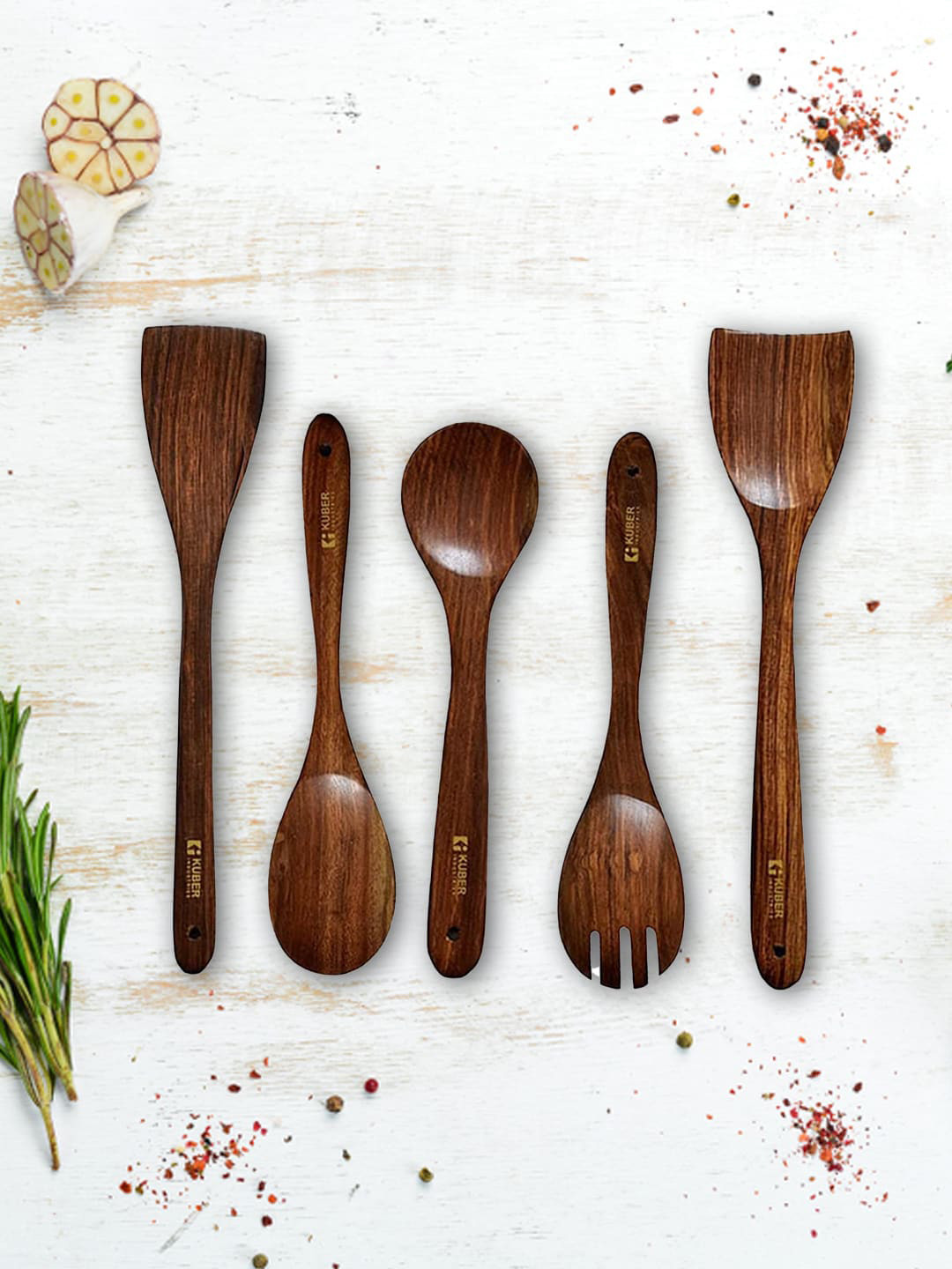 Kuber Industries Brown 5-Pieces Sheesham Serving & Cooking Spoons