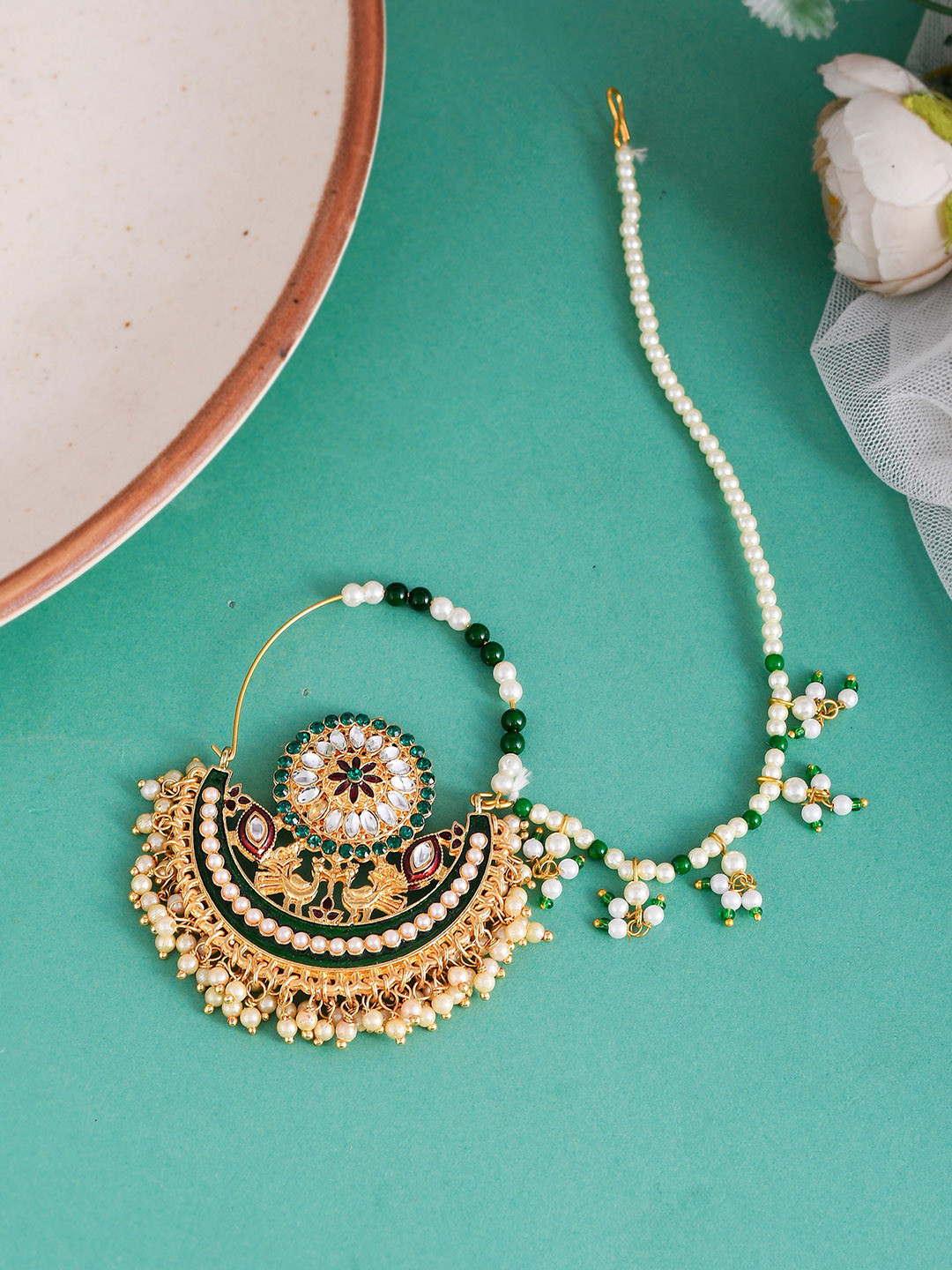 Silvermerc Designs Gold-Plated Stone-Studded & Artificial Beaded Chained Nose Ring