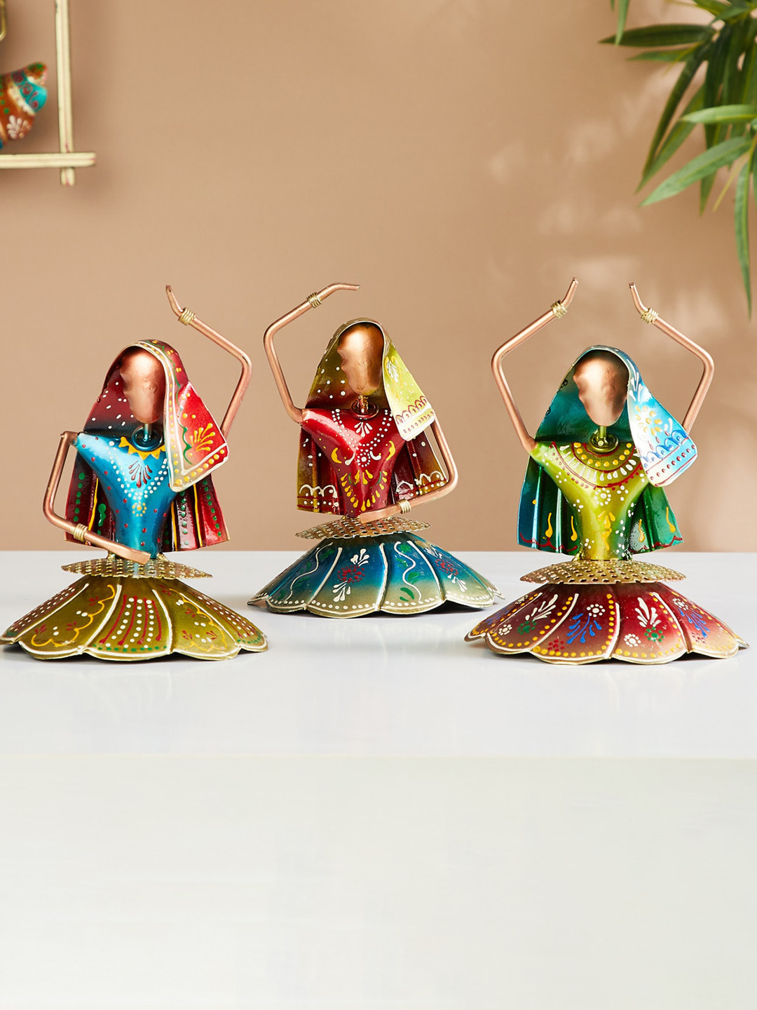 Home Centre Kalbeliya Dolls Blue Iron Metallic Living Room Set of 3 Medium Showpieces - 2.8 Inches