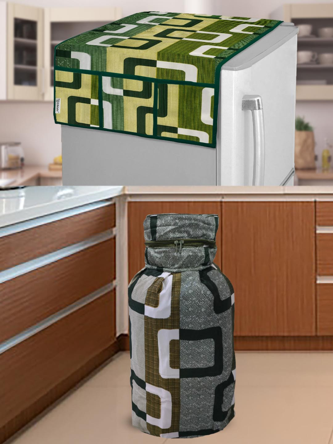E-Retailer Green & White 2 Pieces Printed Appliance covers