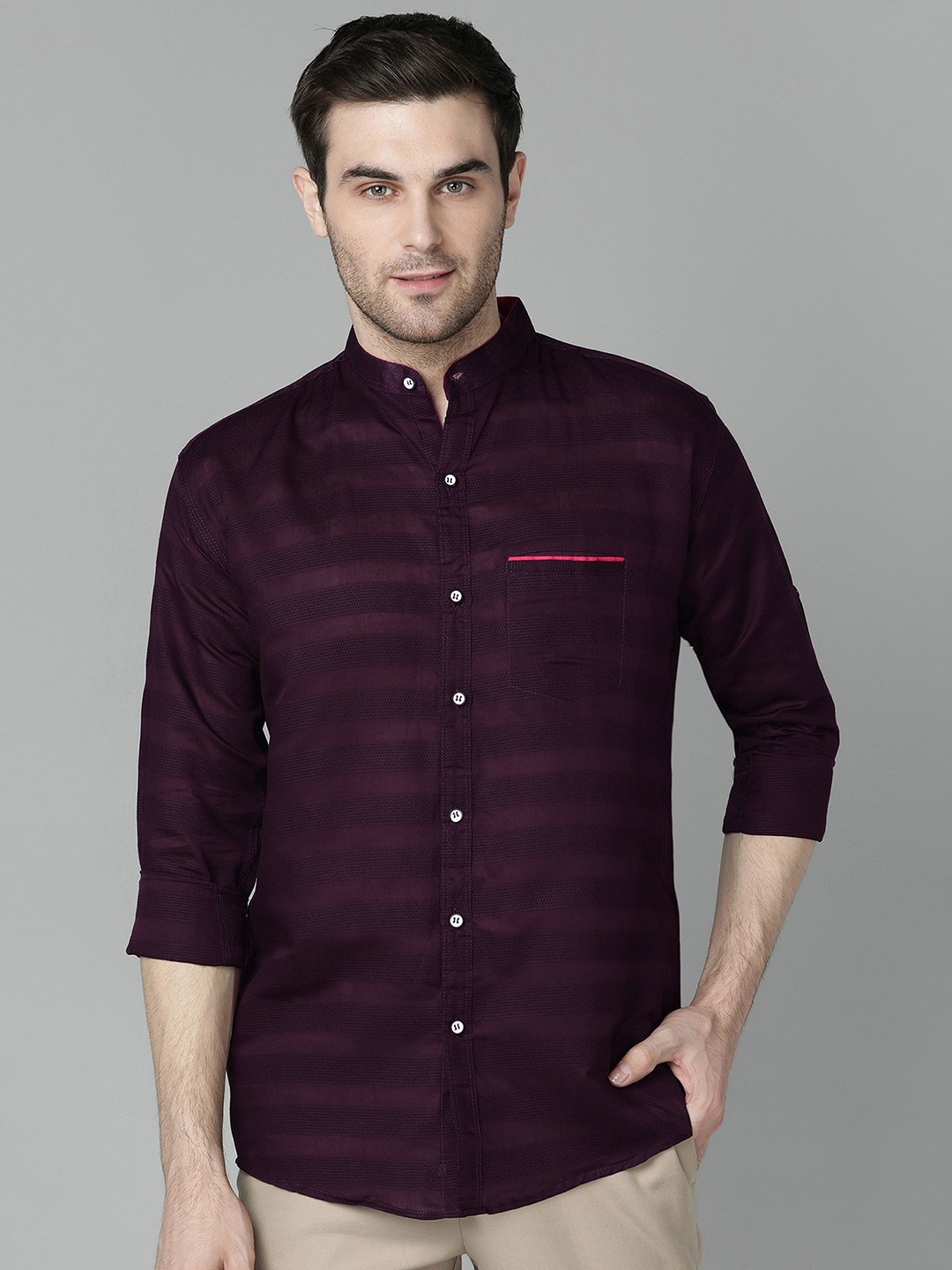 FUBAR Horizontal Striped Band Collar Slim Fit Casual Shirt