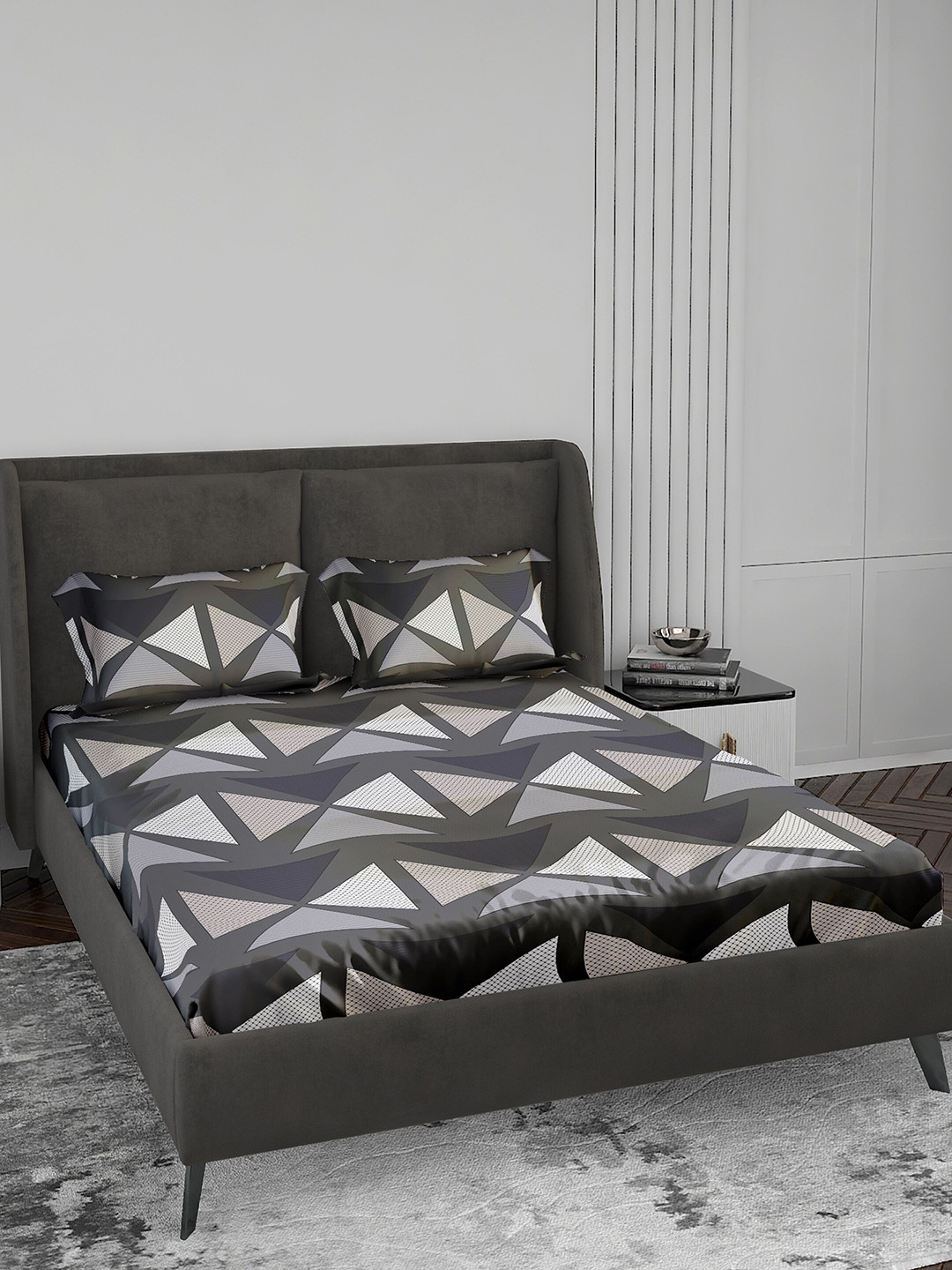 LABHAM Crystal Grey Geometric Cotton 140 TC King Bedsheet with 2 Pillow Covers-88 x 100 inches