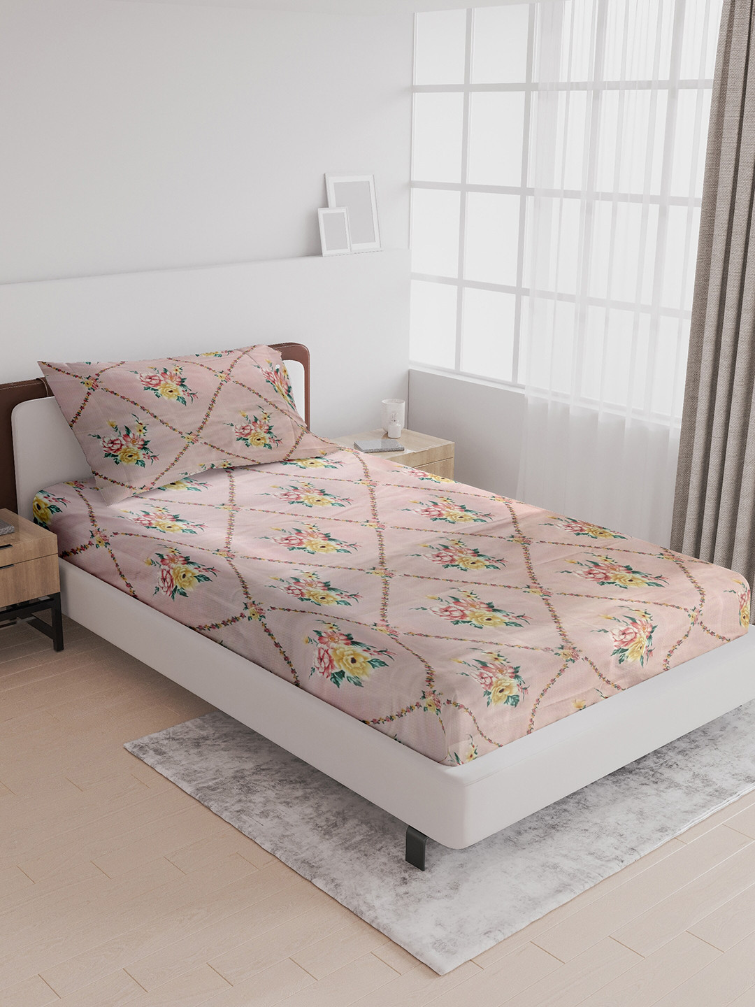 LABHAM Crystal Peach Floral Cotton 140 TC Single Bedsheet with a Pillow Cover-59 x 88 inches