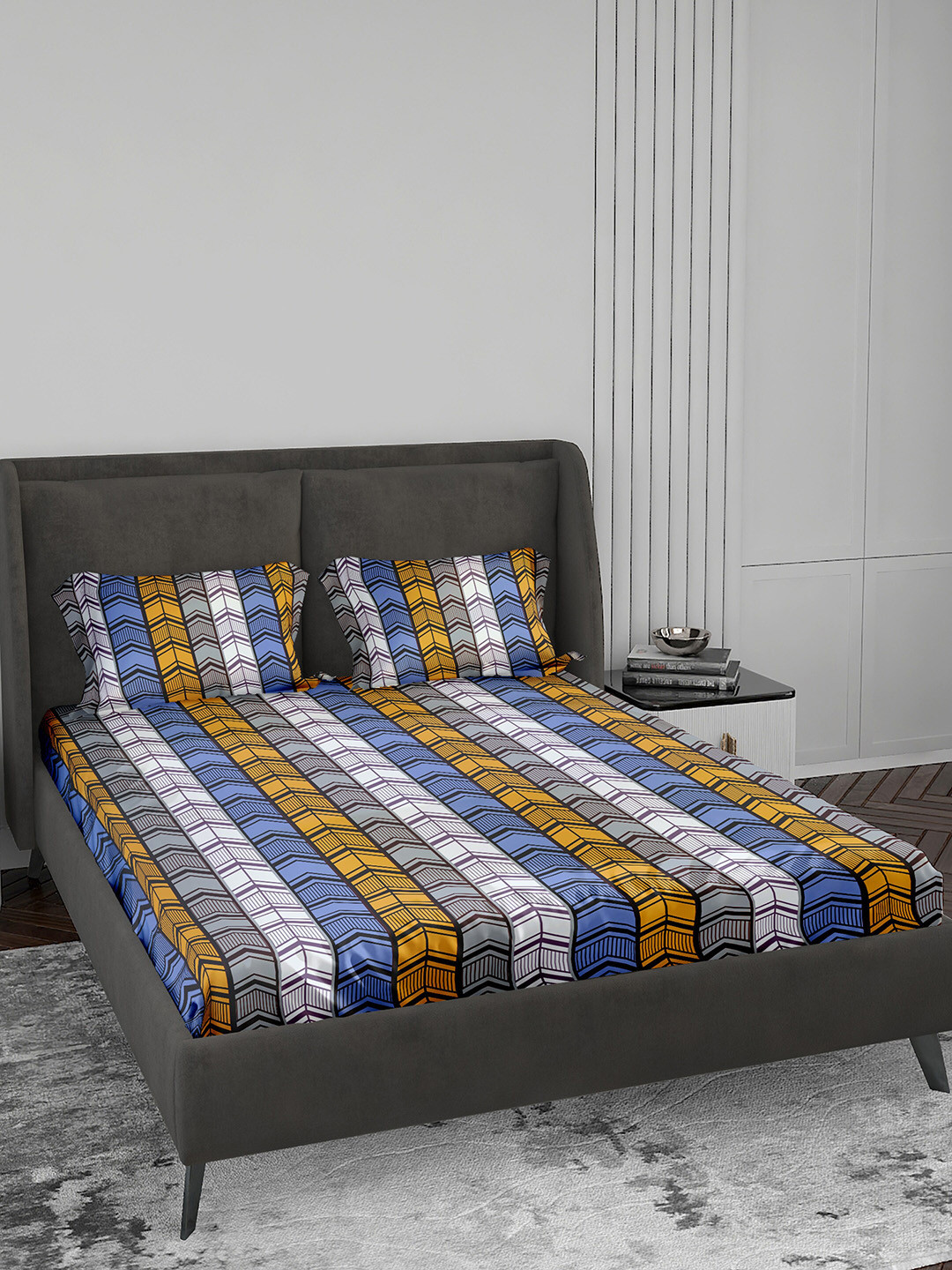 LABHAM Crystal White Chevron Cotton 140 TC King Bedsheet with 2 Pillow Covers-88 x 100 inches