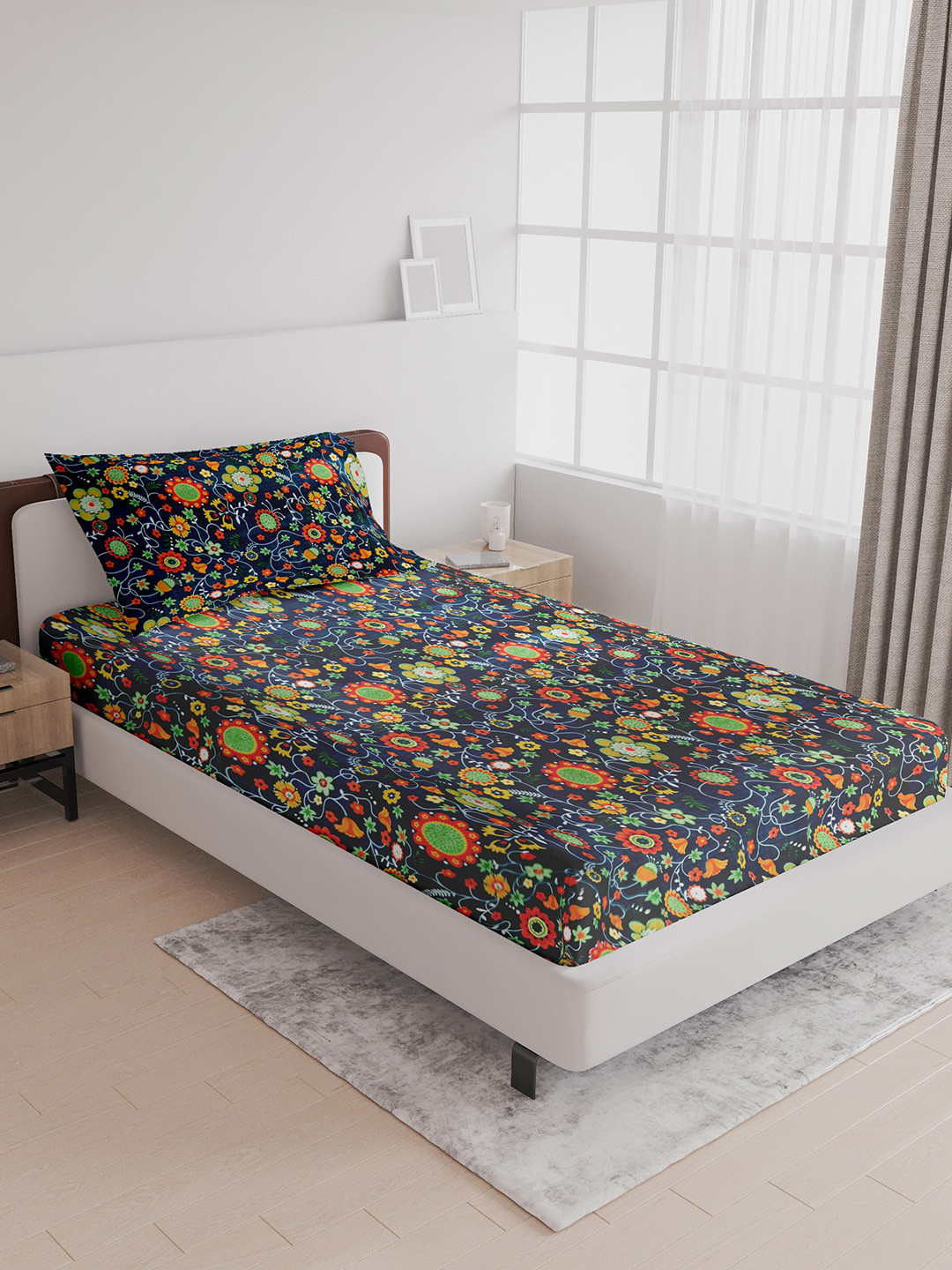 LABHAM Crystal Blue Floral Cotton 140 TC Single Bedsheet with a Pillow Cover-59 x 88 inches
