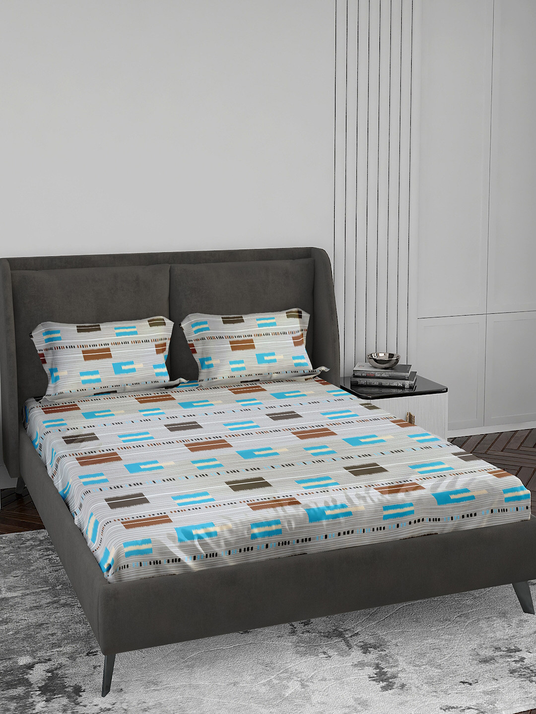 LABHAM Book Fold White Geometric Cotton 140 TC King Bedsheet with 2 Pillow Covers-88 x 100 inches