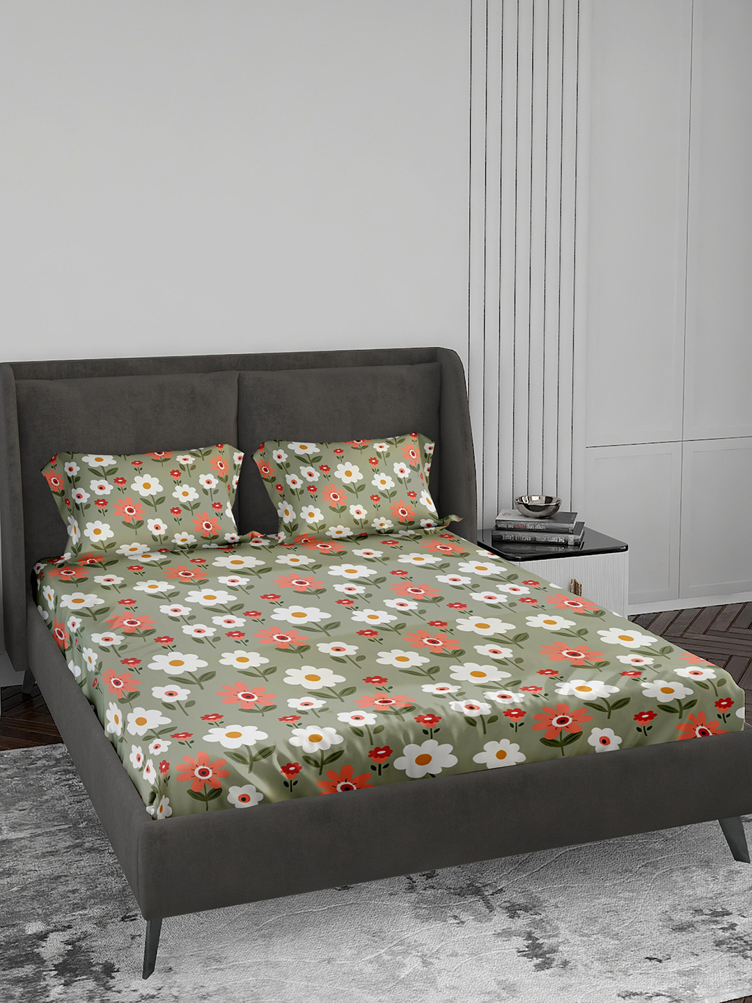 LABHAM Crystal Grey Floral Cotton 140 TC King Bedsheet with 2 Pillow Covers-88 x 100 inches