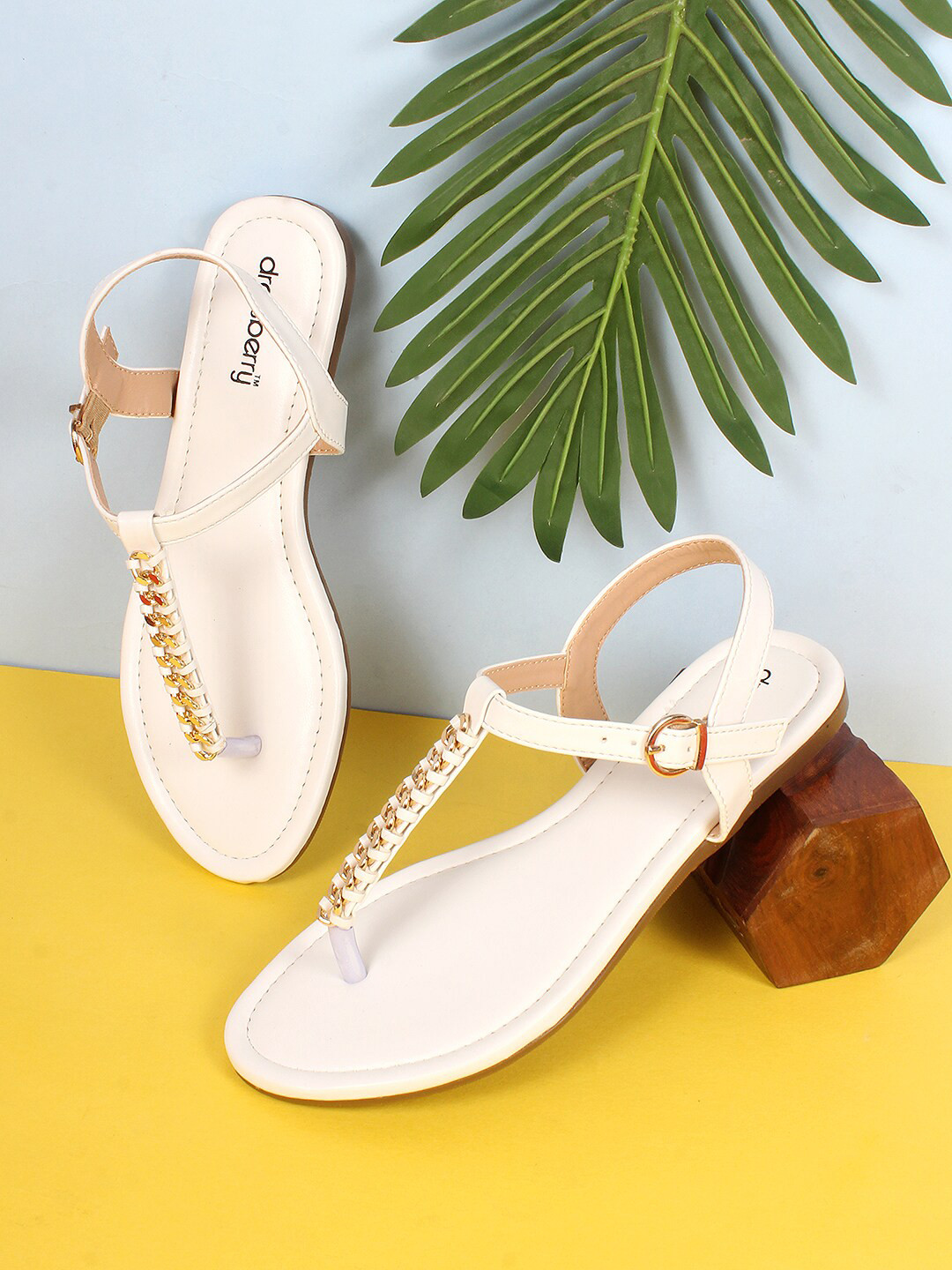 DressBerry White & Gold Toned Embellished Open Toe T-Strap Flats With Backstrap