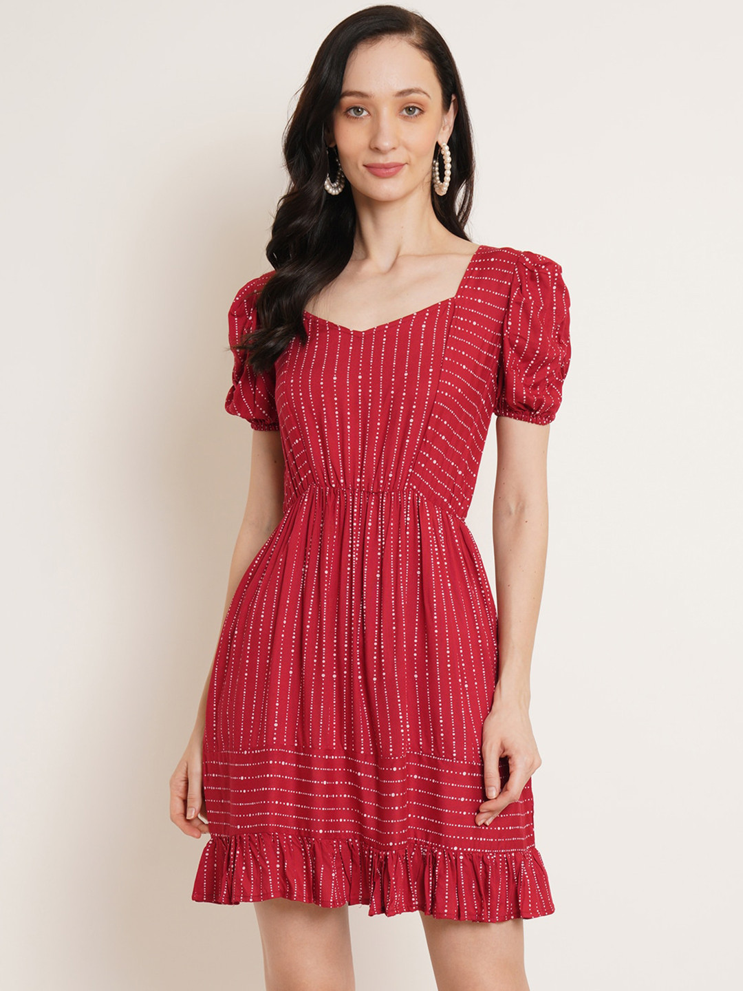 U&F Red Striped Puff Sleeve Fit & Flare Dress