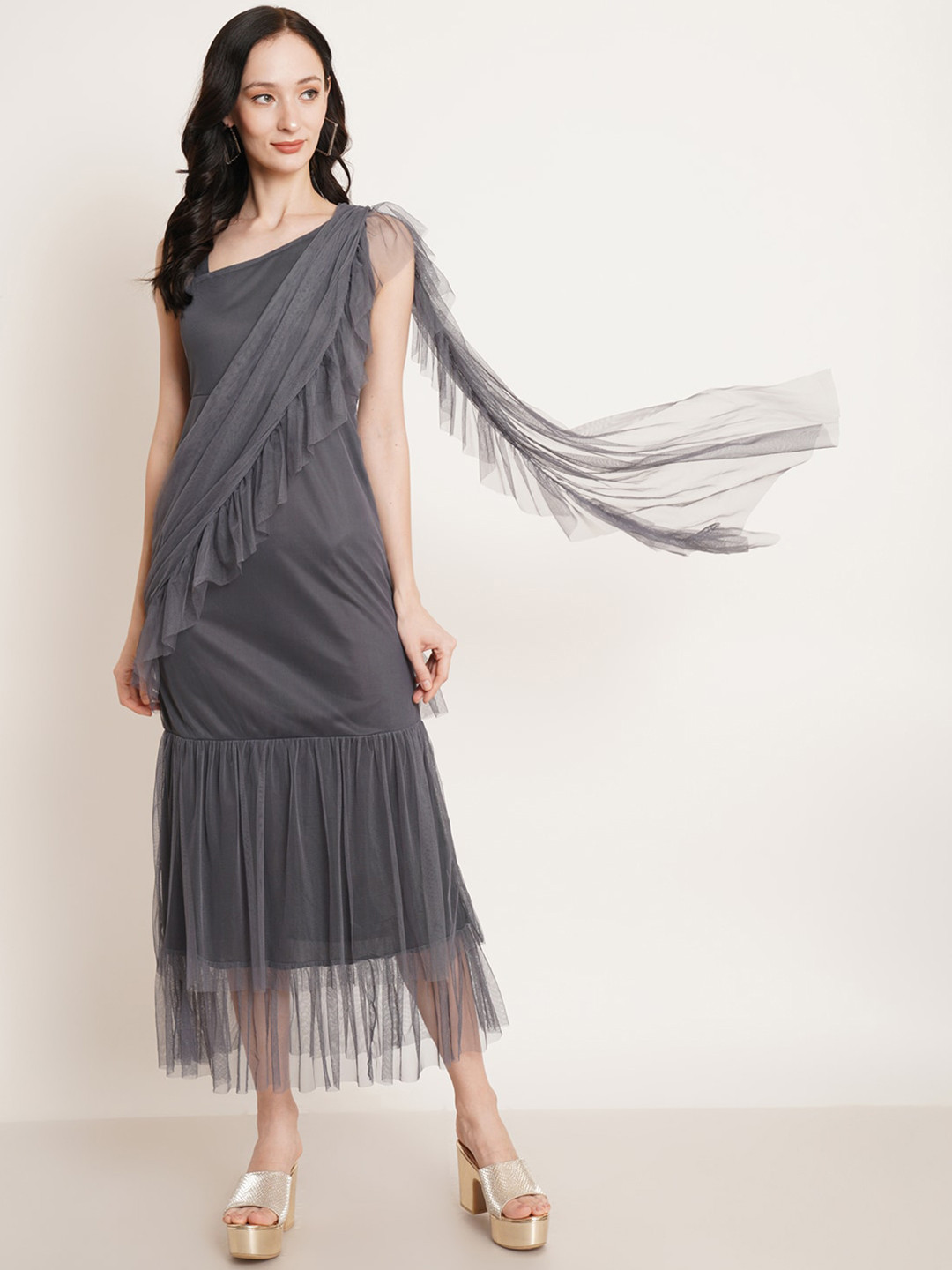 U&F Grey Net Ruffles Maxi Dress
