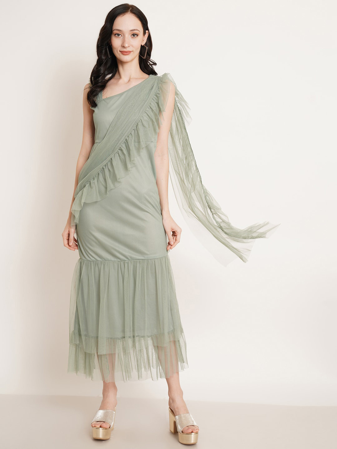 U&F Green Ruffles Net Maxi Midi Dress