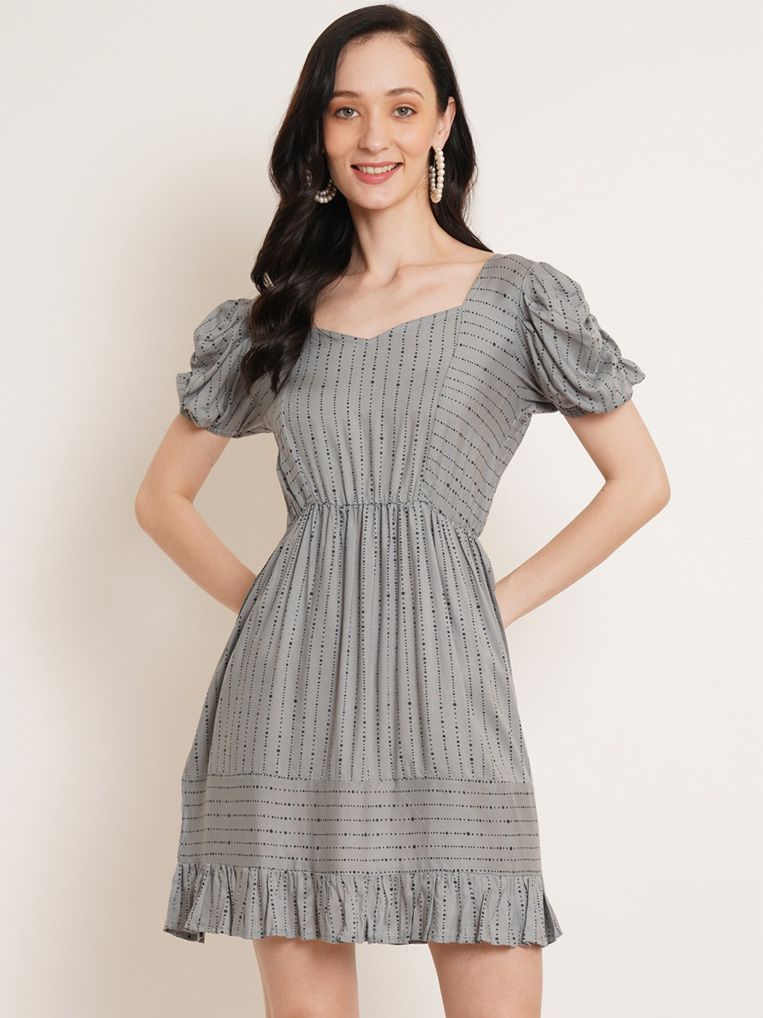 U&F Grey Striped Puff Sleeve Fit & Flare Dress
