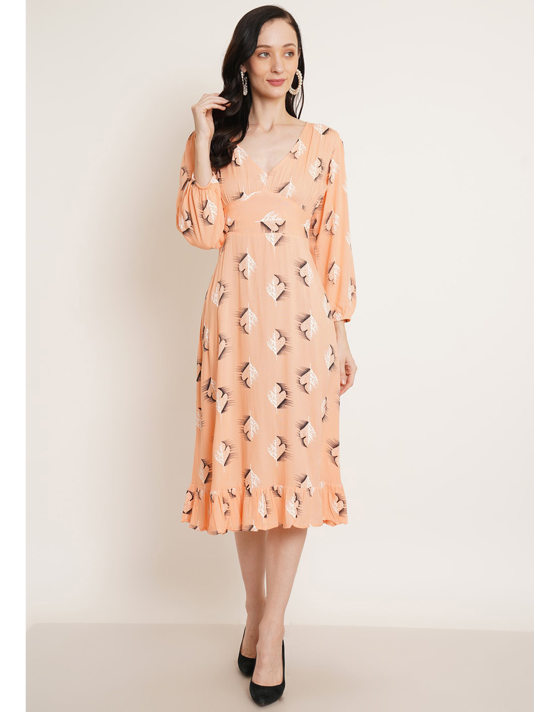 U&F Coral Printed Puff Sleeve Fit & Flare Midi Dress