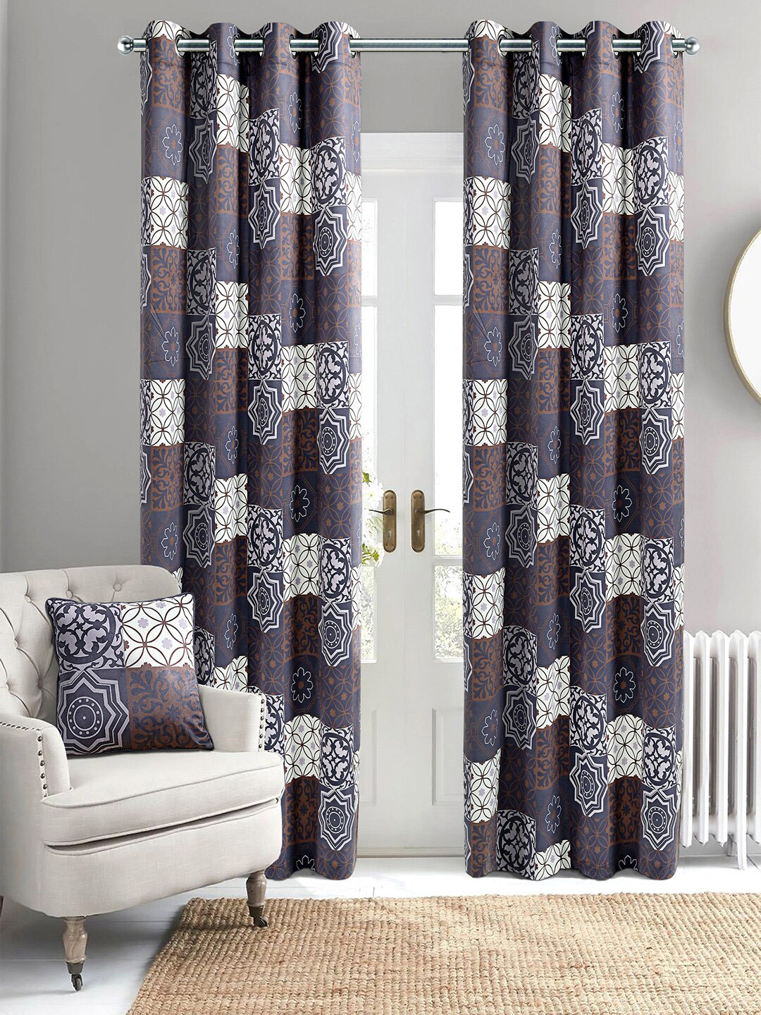 Saral Home Tile Velvet Set of 2 Blue Long Door Curtains