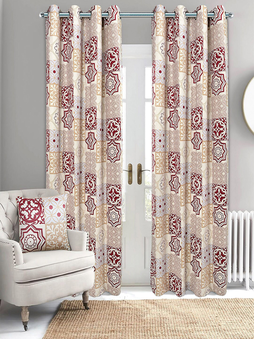 Saral Home Tile Velvet Set of 2 Beige Long Door Curtains