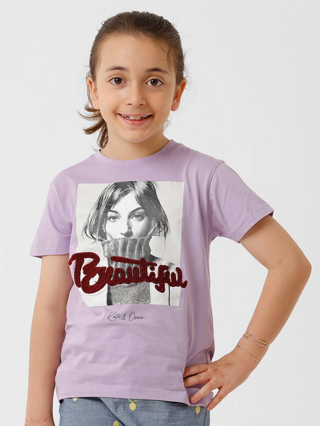 KATE & OSCAR Girls Graphic Printed Pure Cotton T-shirt