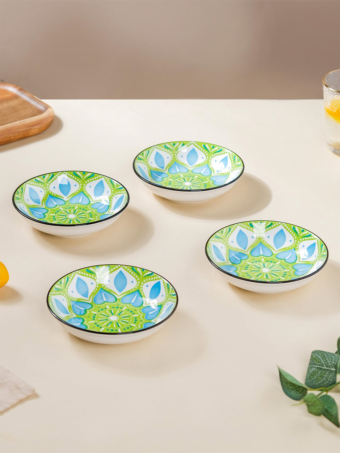 Nestasia White & Green 4 Pieces Ethnic Motifs Printed Ceramic Glossy Plates