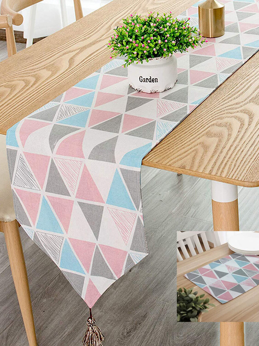 HOUSE OF QUIRK Blue & Pink 5 Pcs Geometric Cotton Linen Table Runners & Table Placemats