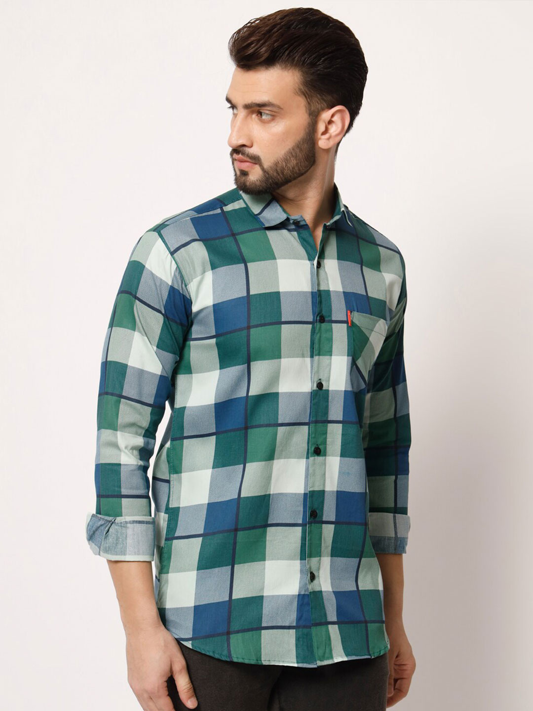 SURHI Spread Collar Smart Buffalo Checks Opaque Checked Casual Shirt