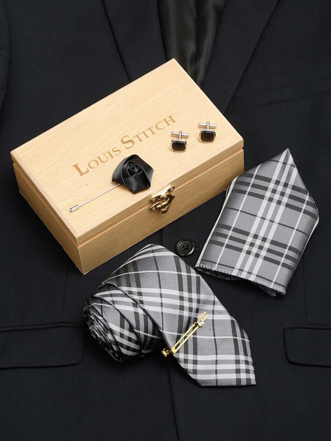 LOUIS STITCH Men Steel Grey Italian Silk Necktie Accessory Gift Set