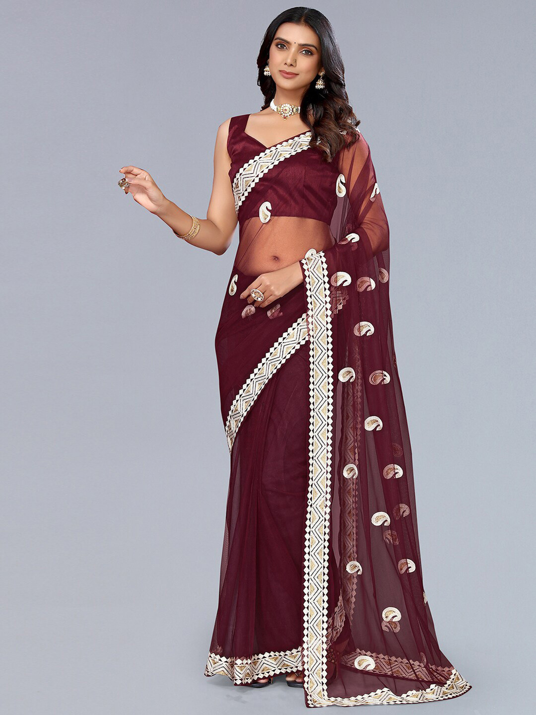 Mitera Maroon & Gold-Toned Paisley Embroidered Net Saree
