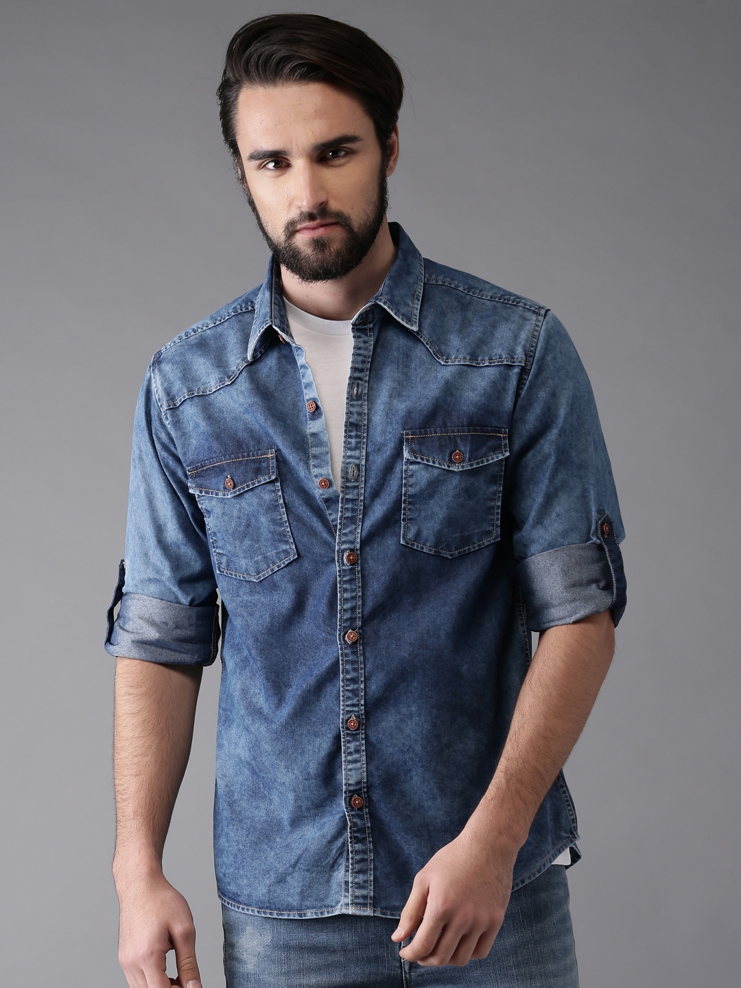 Moda Rapido Men Blue Regular Fit Faded Casual Denim Shirt