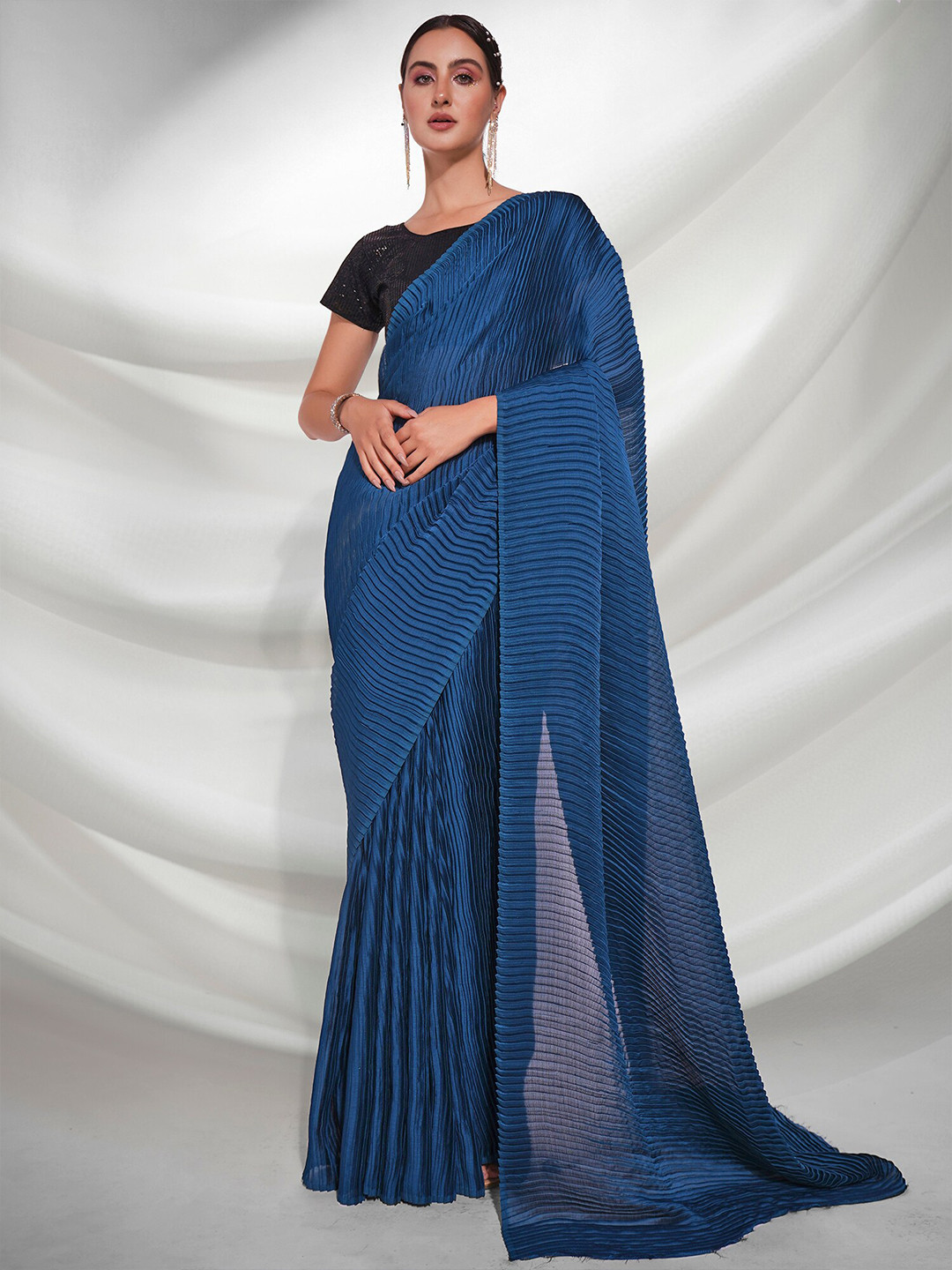 Kalista Teal Blue Satin Saree With Sequence Blouse