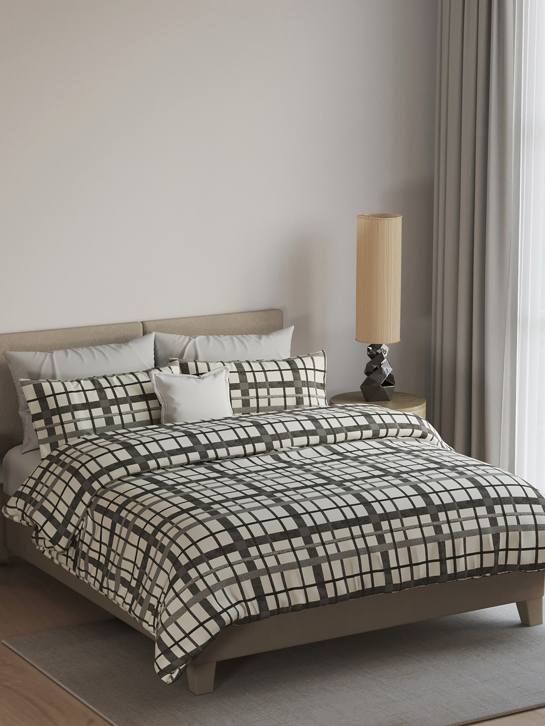 LABHAM Easy Living Off White Checked Cotton 180 TC King Fine Bedsheet with 2 Pillow Covers-108 x 108 inches