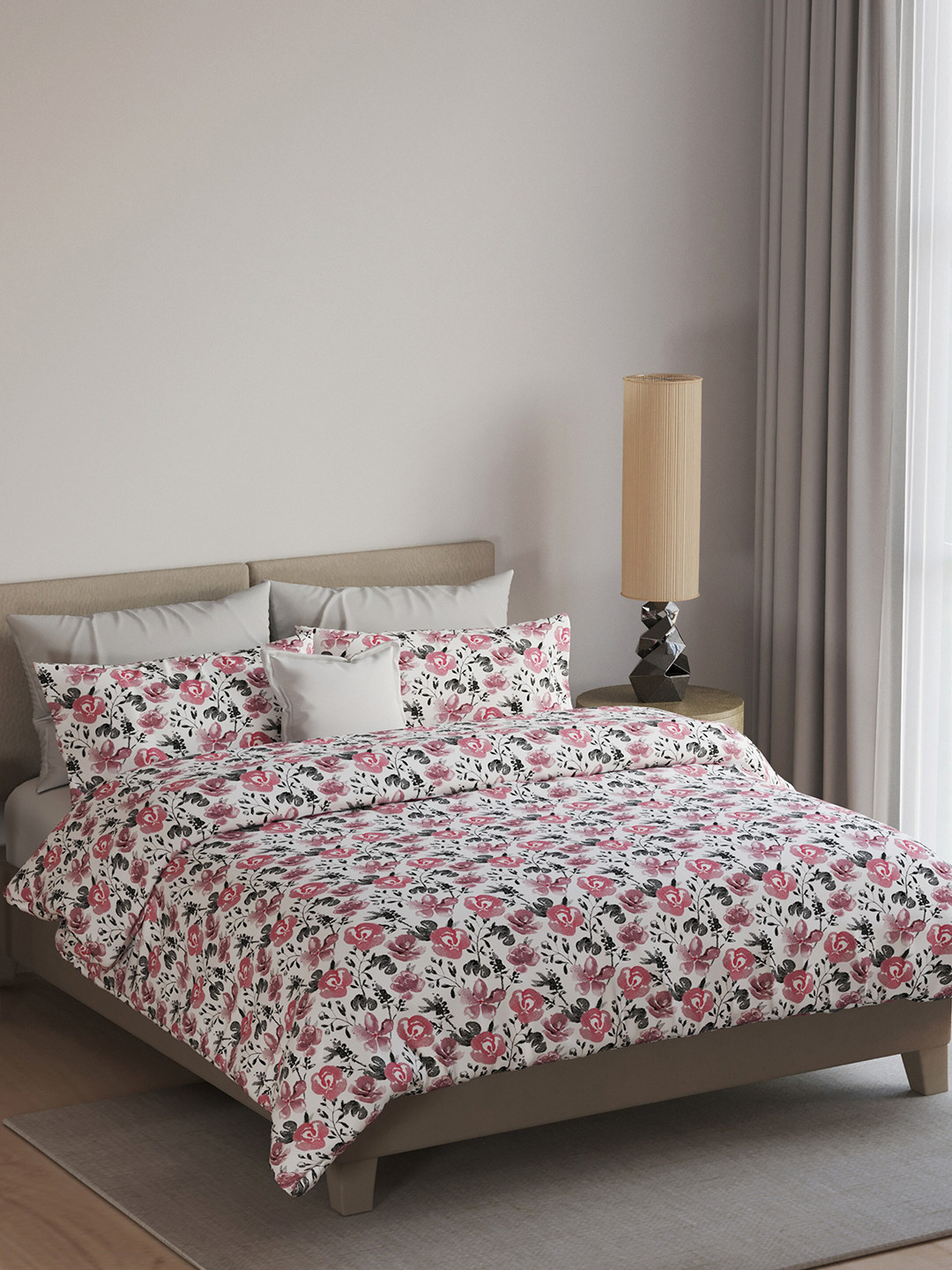 LABHAM Easy Living White Floral Cotton 180 TC King Fine Bedsheet with 2 Pillow Covers-108 x 108 inches