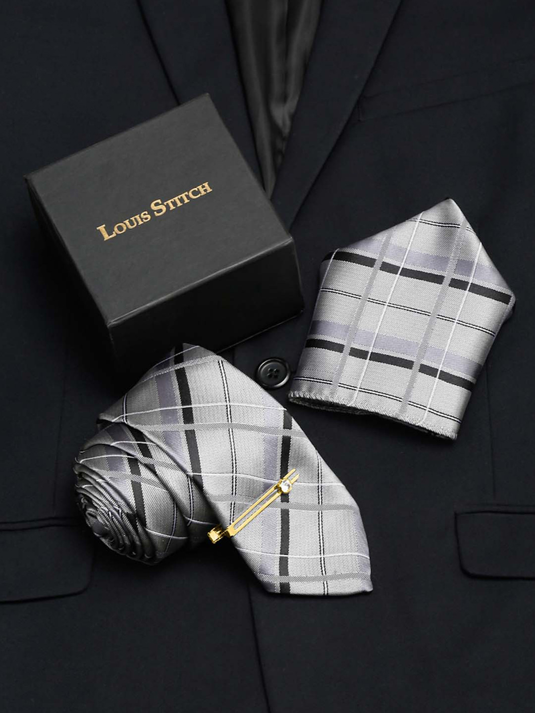 LOUIS STITCH Men Checked Silk Necktie Accessory Gift Set