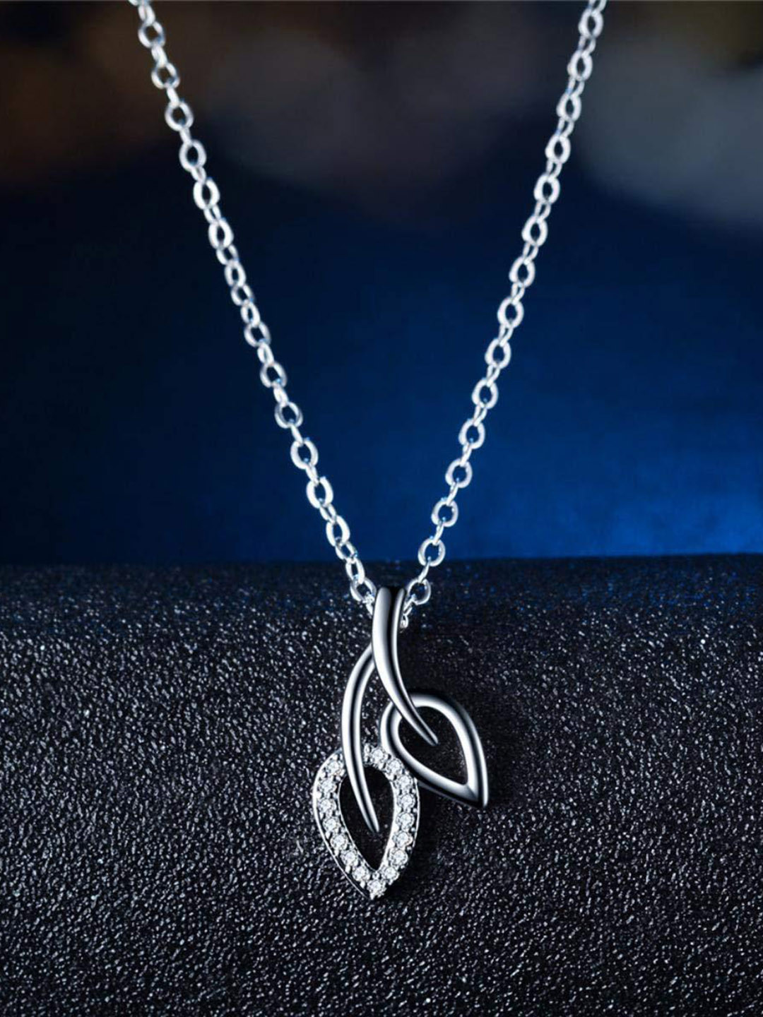 MYKI Women Silver-Plated Double Leaves Cubic Zirconia Pendant With Chain