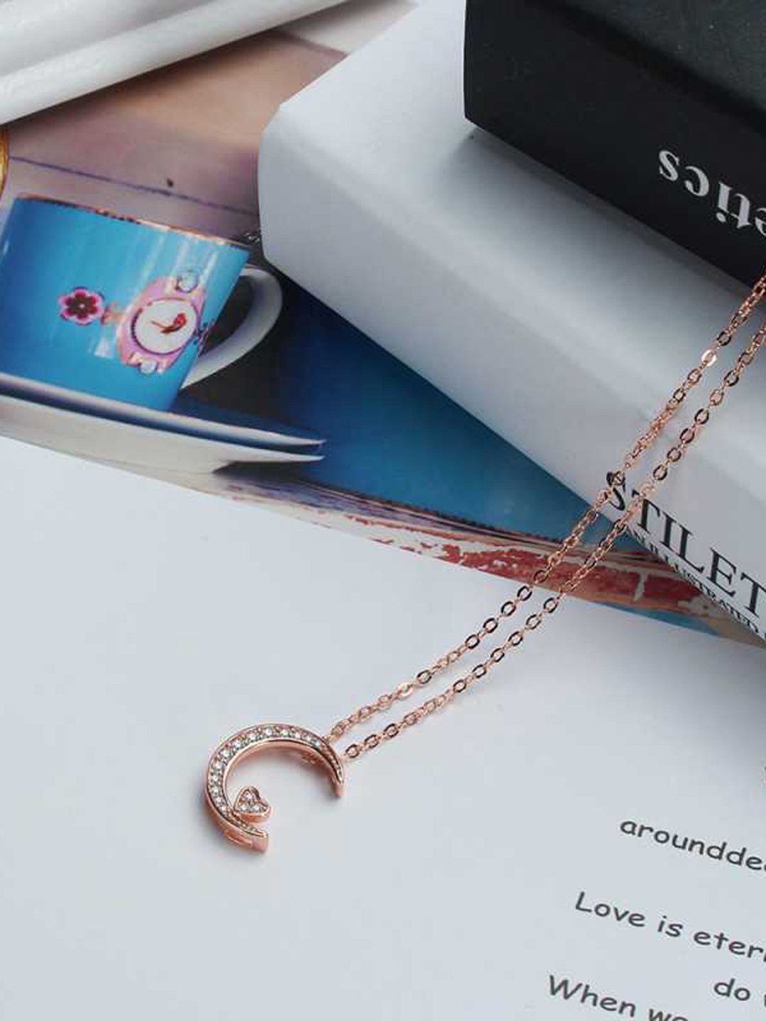 MYKI  Rose Gold-Plated Moon & Heart Pendant with Chain