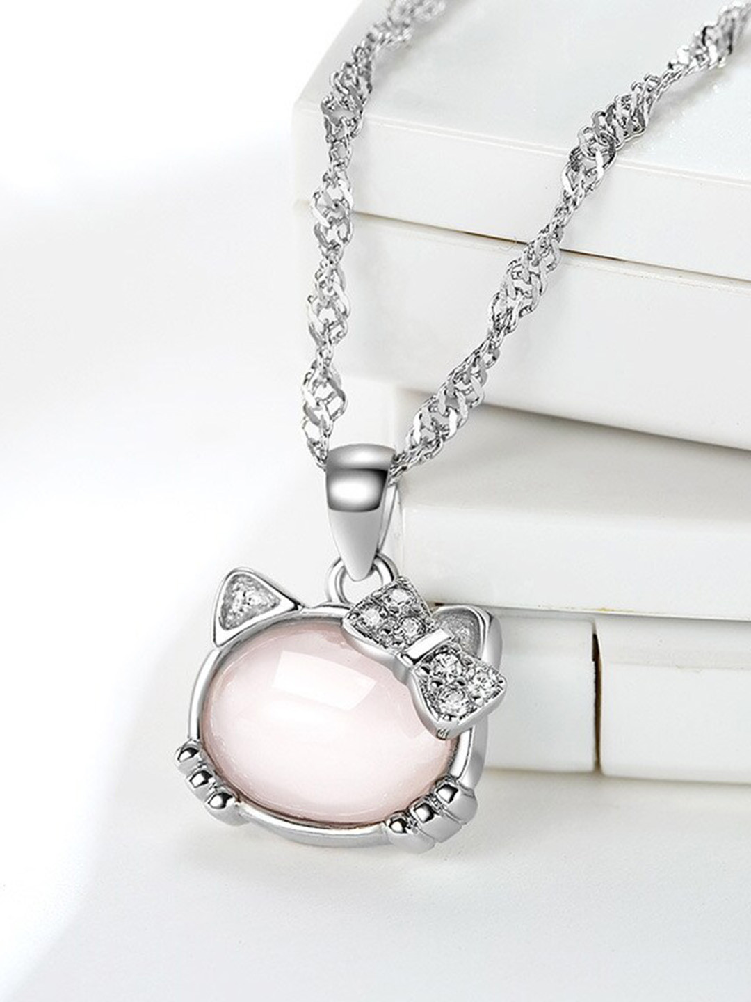 MYKI Silver-Plated Cubic Zirconia Studded Kitty Pendant