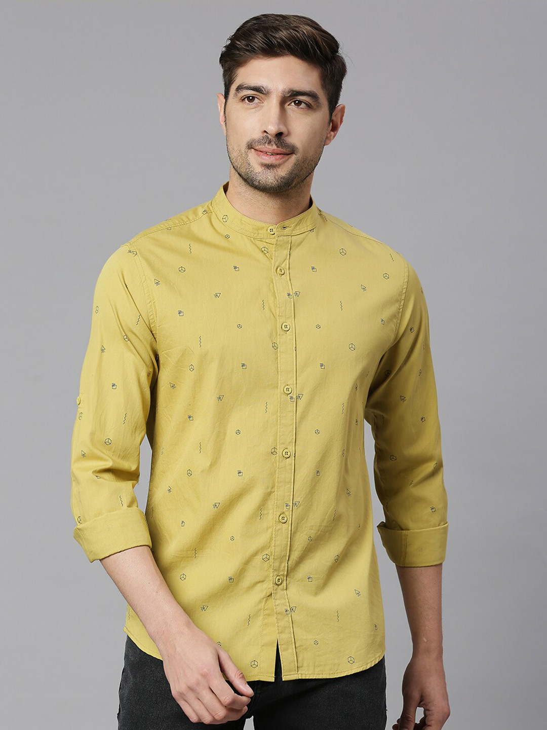 HERE&NOW Khaki Classic Slim Fit Geometric Printed Mandarin Collar Pure Cotton Casual Shirt