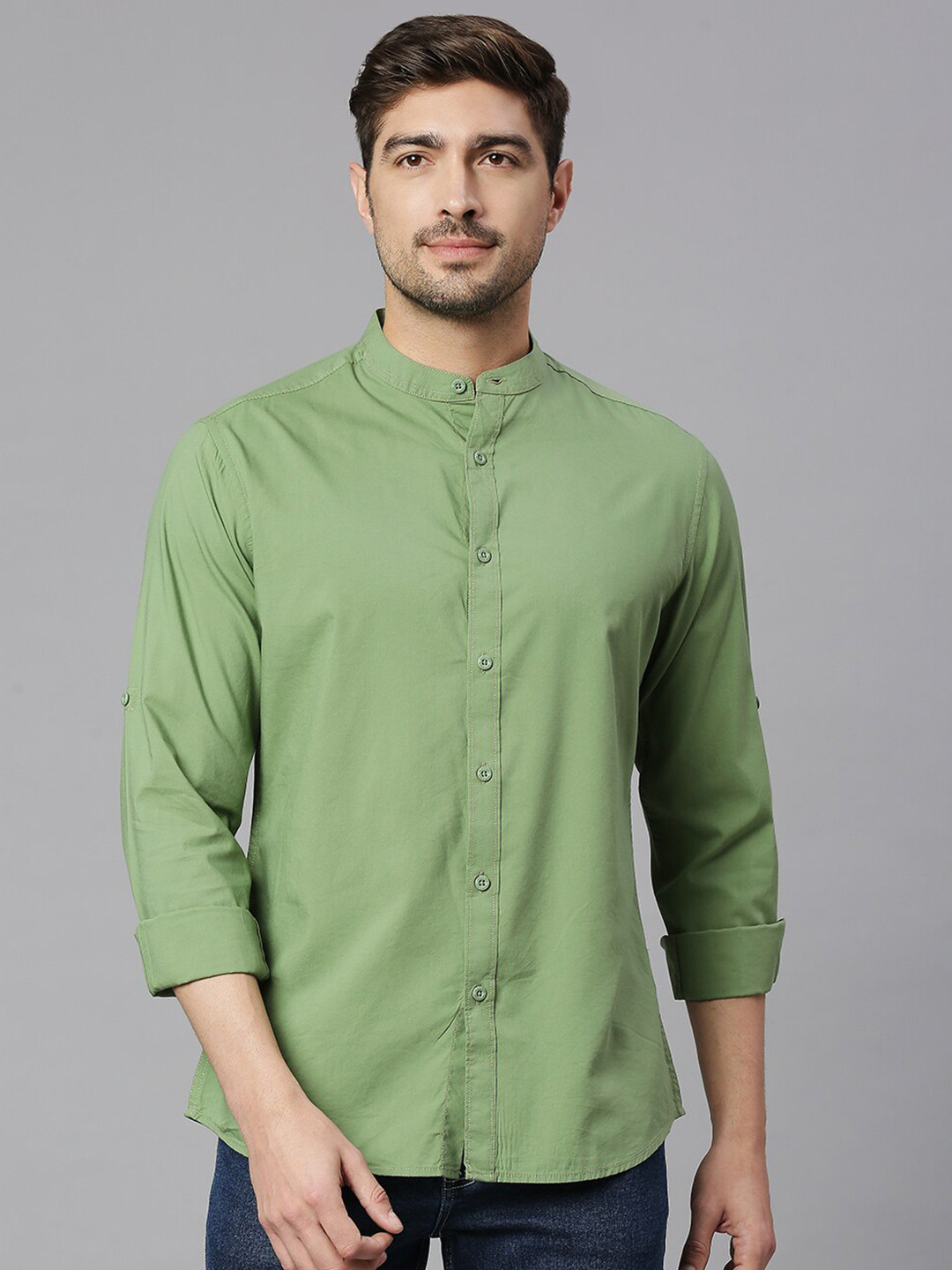 HERE&NOW Green Classic Slim Fit Mandarin Collar Roll-Up Sleeves Pure Cotton Casual Shirt