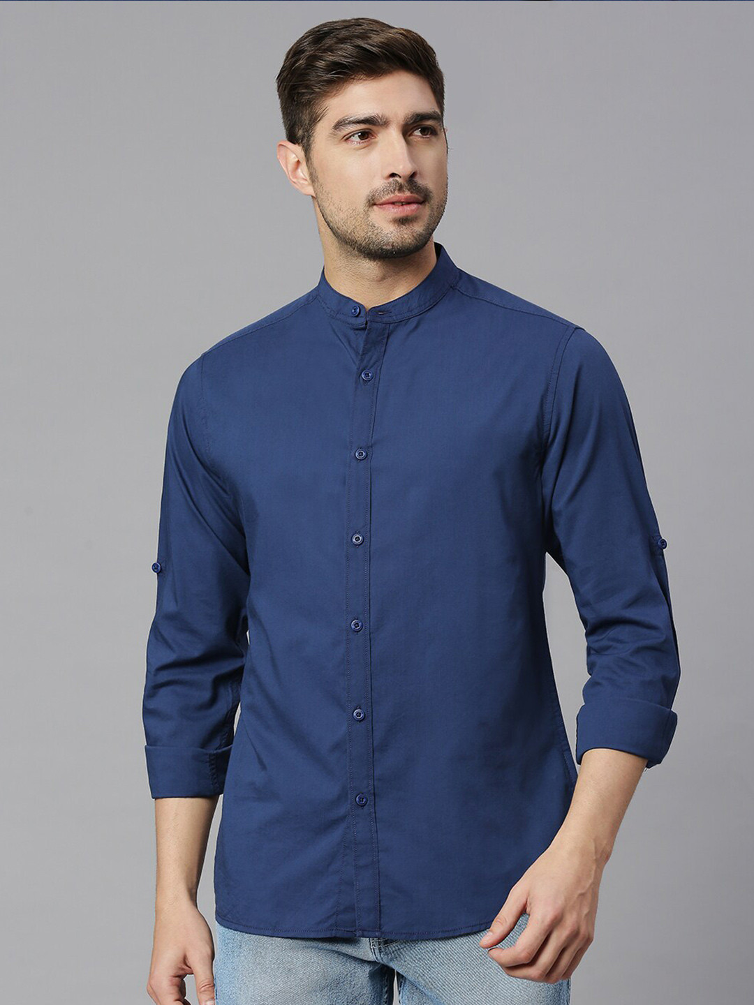 HERE&NOW Blue Classic Slim Fit Mandarin Collar Roll-Up Sleeves Pure Cotton Casual Shirt