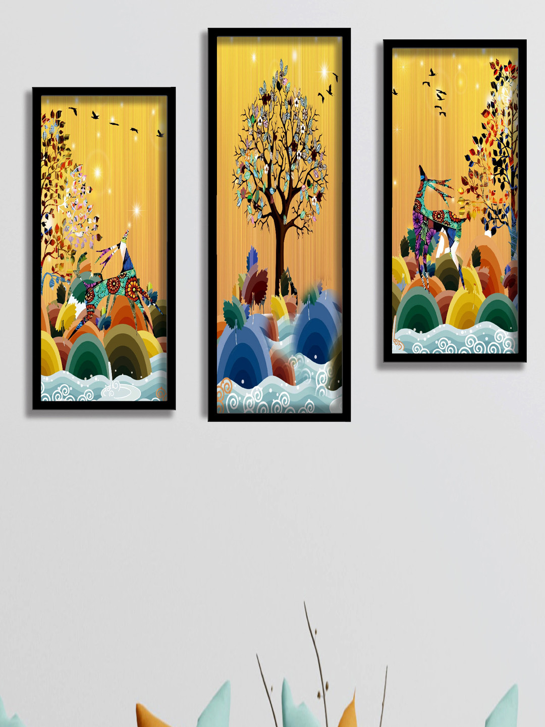 SAF Yellow & Blue 3 Pieces Deer and Tree Abstract Painting Water Proof Wall Arts