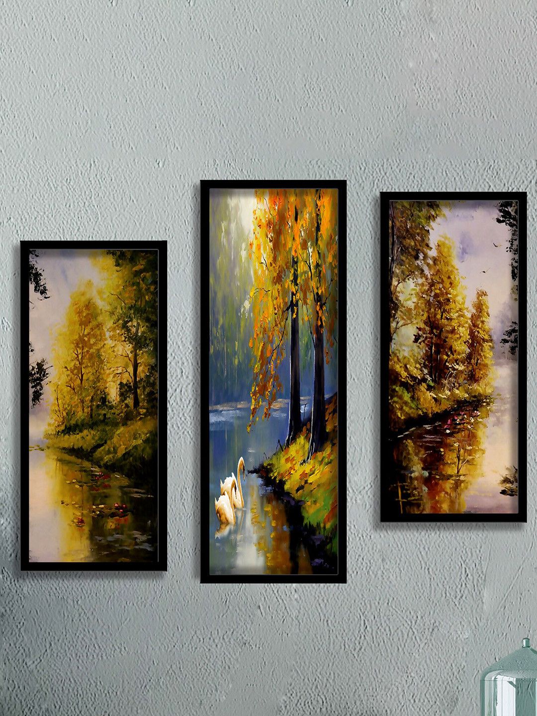 SAF Green & Blue 3 Pieces Water And Tree Painting Water Proof Wall Arts