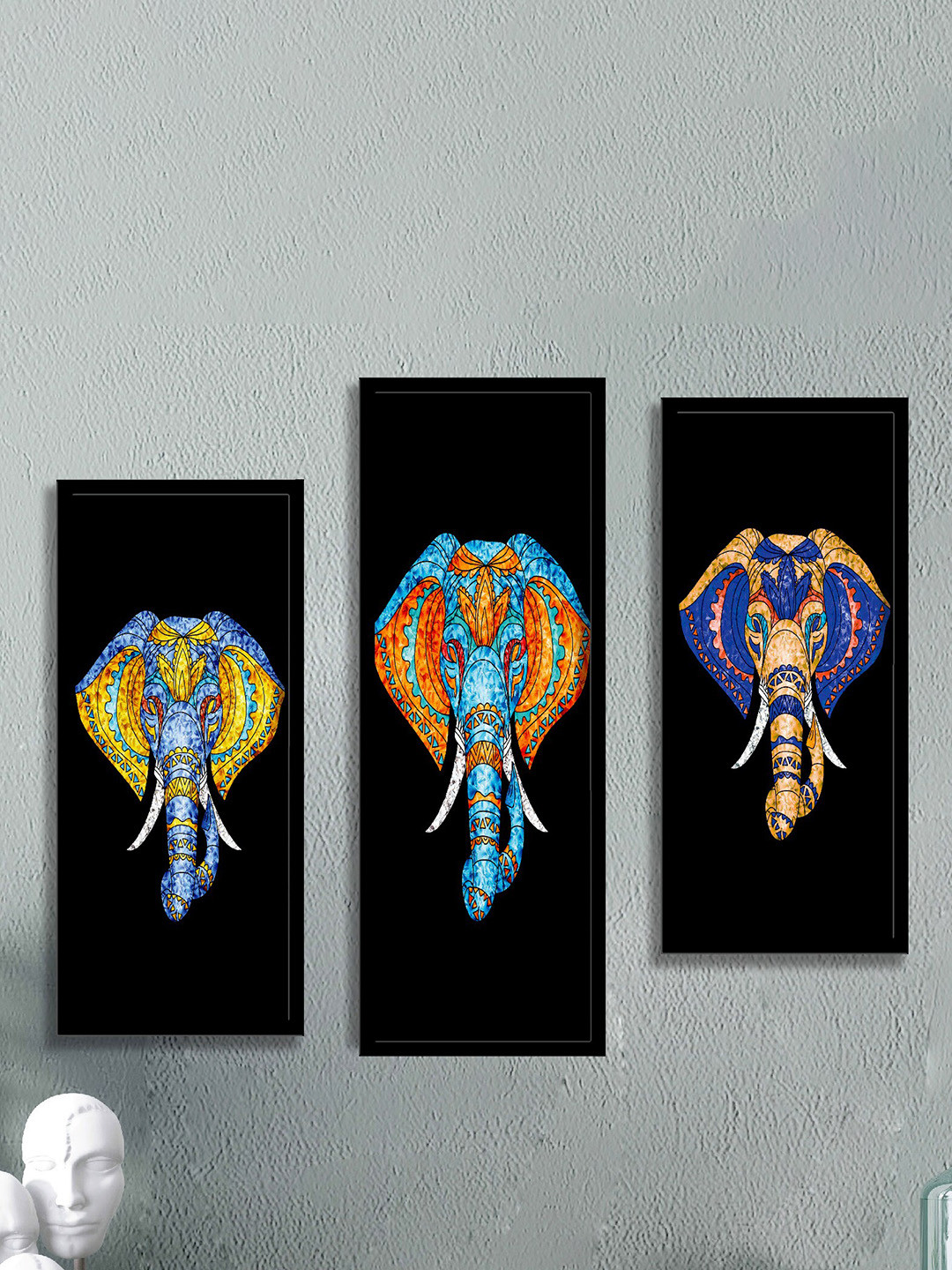 SAF Black & Blue 3 Pieces Elephant Theme Painting Water Proof Wall Arts