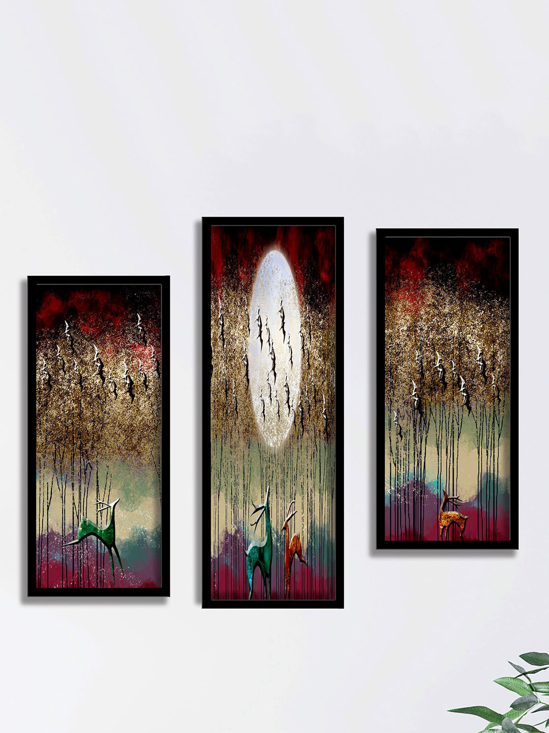 SAF Beige & Red 3 Pieces Abstract Deer Painting Water Proof Wall Arts