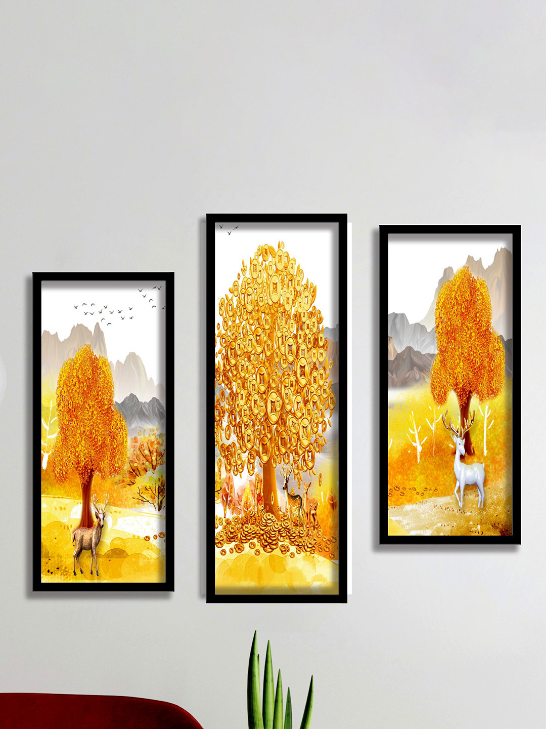 SAF White & Yellow 3 Pieces Tree And Deer Painting Wall Art