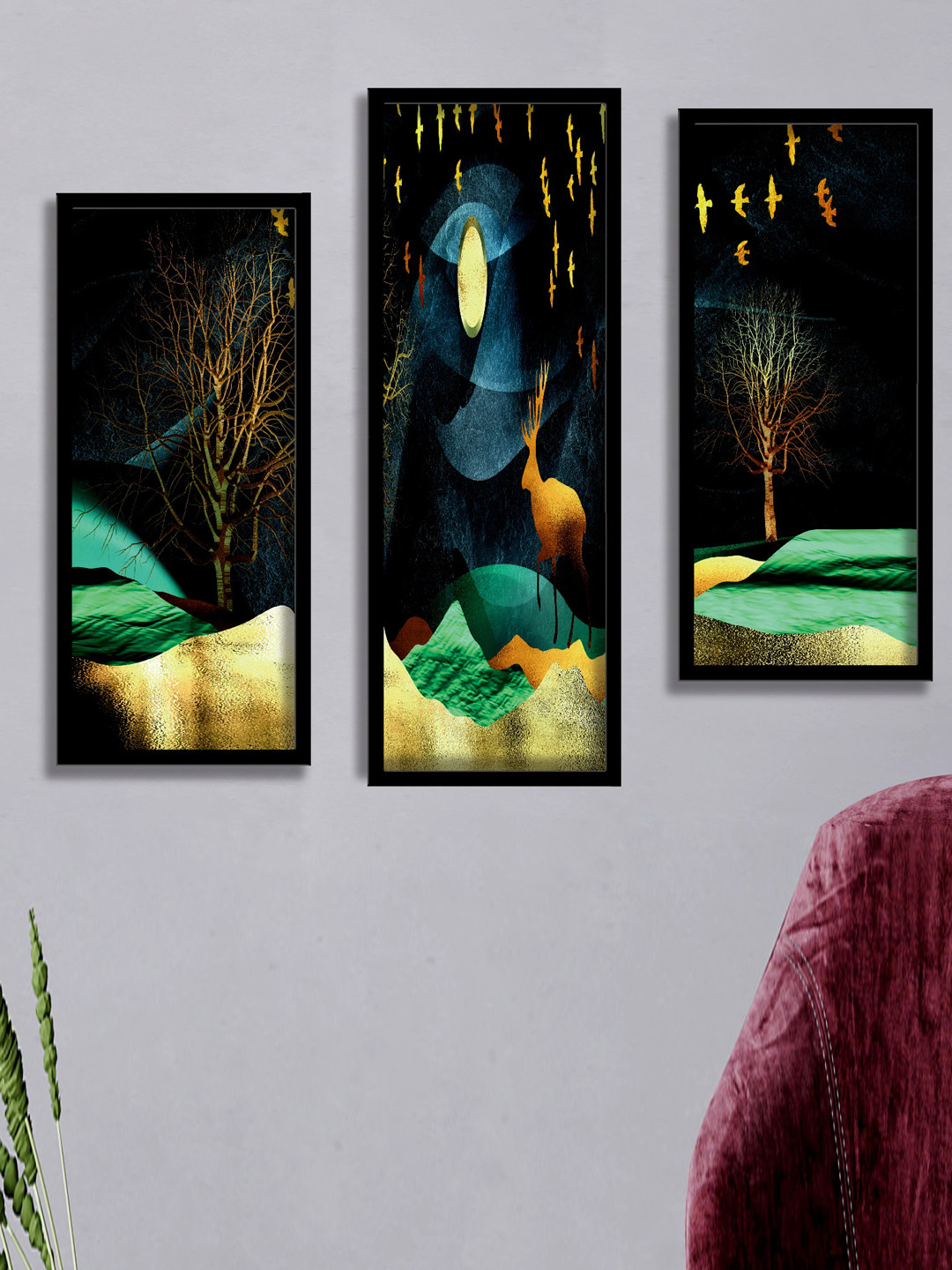 SAF Black & Yellow 3 Pieces Abstract Painting Water Proof Wall Arts